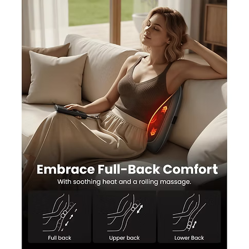 Women sitting on a couch leaning against the gray Bob and Brad back massager with a red glow. text includes: Embrace Full-Back Comfort. With soothing heat and a rolling massage. Shows 3 images of back massager rollers moving from full back, upper back and lower back. 