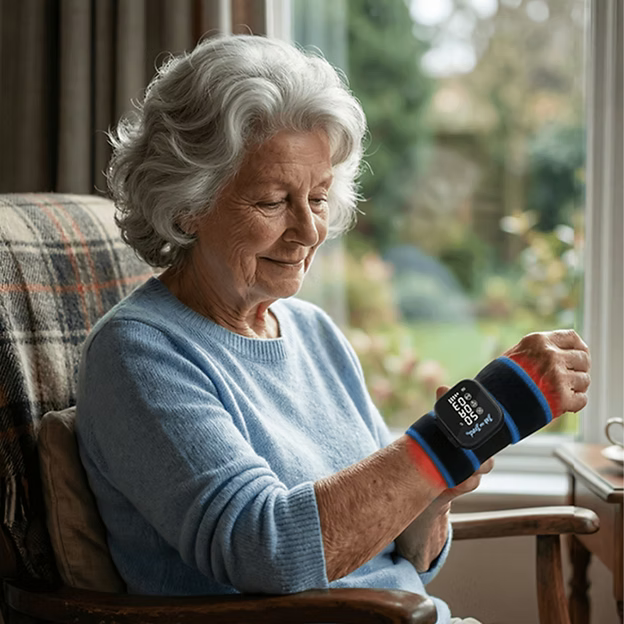 An elderly woman is sitting in a chair by a window, wearing the TheraHeat Wrist Wrap on her right wrist. 
