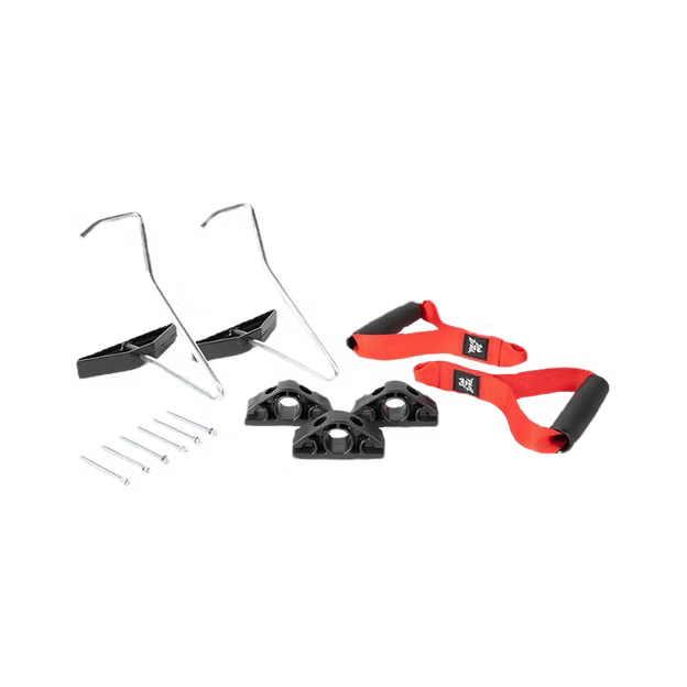 The Bob and Brad pull-up fitness set with 3 wall anchors, 6 long screws, 2 black and red handles, and 2 metal hooks with black plastic supports. 