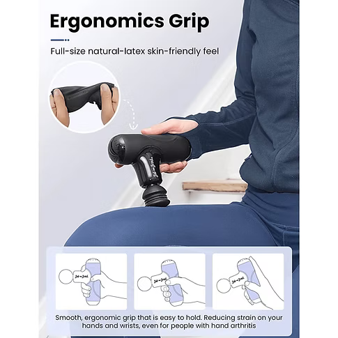 Ergonomic massage grip held by a person seated in a chair, with marketing text describing a full-size, natural latex, skin-friendly feel and three hand-use diagrams at the bottom. Text includes: Smooth, ergonomic grip that is easy to hold. Reduces strain on your hands and wrists, even for people with hand arthritis. 