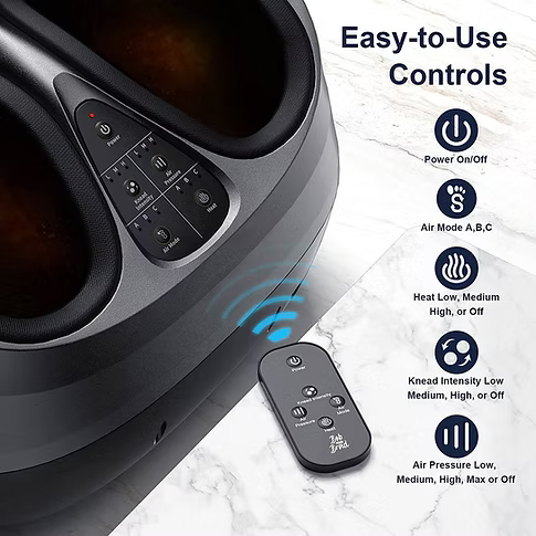 A close-up of a dark gray massage foot device with a separate remote control on a white marble surface, alongside text reading 'Easy-to-Use Controls' and icons explaining power (on/off), air mode (A, B, C), heat settings (low, medium, high, or off), knead intensity (low, medium, high, or off), and air pressure (low, medium, high, max, or off).