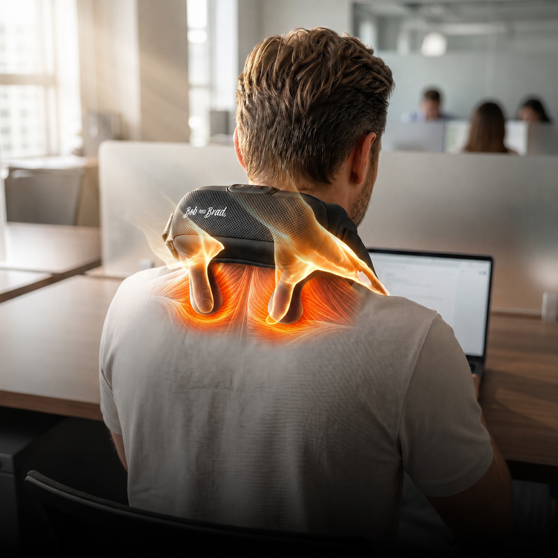 A man sitting at an office desk viewed from behind, wearing a black neck and shoulder massage device around his neck with glowing orange highlights indicating tension relief. The office background is softly blurred.