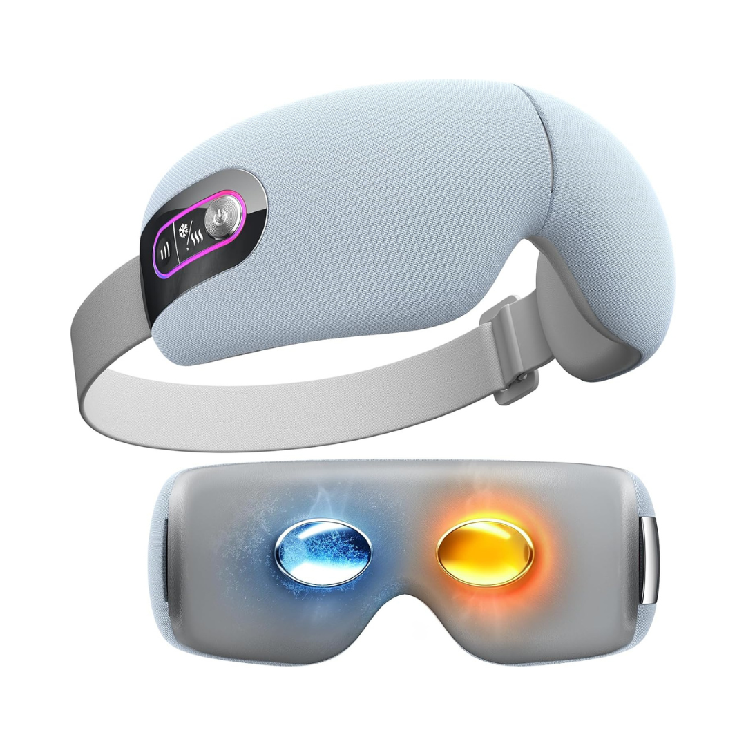 Eye massager on a white background with blue for cooling and red for warming patches over eyelid.  