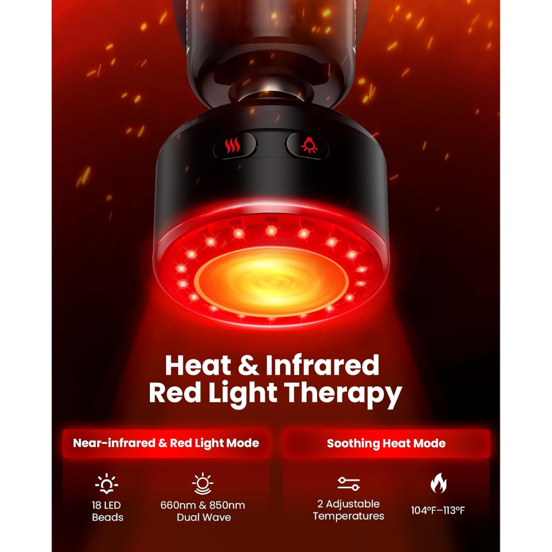Heat and infrared red light therapy massage head with glowing red light on a dark background. Text includes: heat & infrared red light therapy. Near-infrared & Red Light Mode: 18 LED beads, 660nm & 850nm dual wave. Soothing Heat Mode: 2 adjustable temperatures, 104°F- 113°F. 