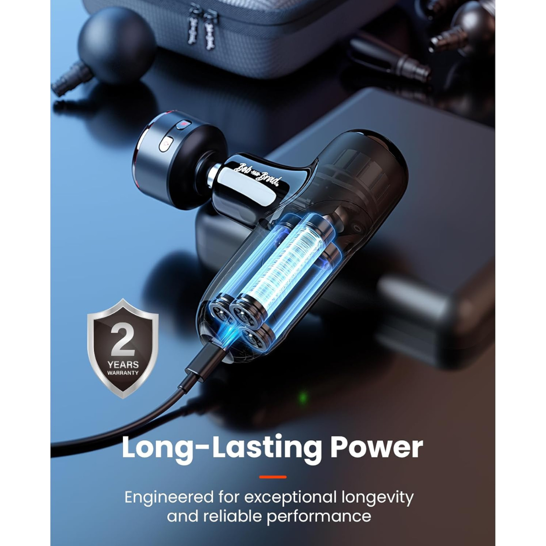 Massage gun charging with a cable, and a'2 Years Warranty' badge on a dark background. Text includes: Long-Lasting Power. Engineered for exceptional longevity and reliable performance.