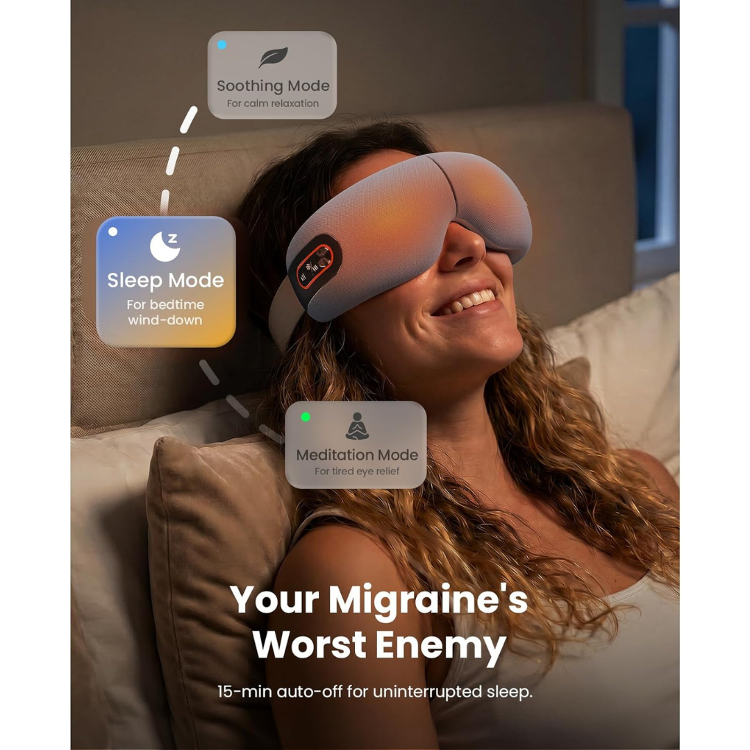 A woman wearing an eye massager with mode indicators on a couch, promoting Soothing mode, Sleep mode, and Meditation mode. Text includes: Your Migraine's Worst Enemy: 15-min auto off for uninterrupted sleep. 