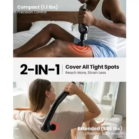 A 2-in-1 compact and extended massage gun shown in use by a man and a woman in a bedroom and living room setting, with text highlighting its compact size (1.1lbs), precision control, and extended reach (1.35lbs).