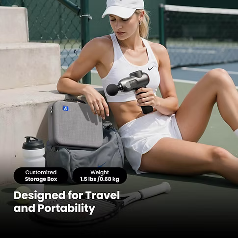 Woman using a massage gun on a tennis court with a storage box labeled 'Designed for Travel and Portability. Customized Storage Bag. Weight 1.5lbs/ 0.68kg).'