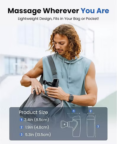 Person holding a portable massage device with product size information displayed. Text includes: Massage wherever you are. Lightweight design; fits in your bag or pocket! Product size: 3.4 in (8.5cm) x 1.9 in (4.8cm) x 5.3 in (13.5cm). 