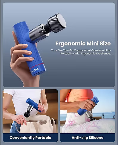A blue and silver mini massage gun shown in three promotional panels: one hand-held close-up, one packed into a beige bag, and one being used on a person's leg by the ocean. Text highlights ergonomic size, convenience, and anti-slip silicone.