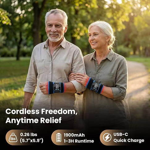 An older couple standing outdoors on a park path at sunset, each wearing a blue and black TheraHeat Wrist Wrap. Large marketing text at the bottom reads 'Cordless Freedom, Anytime Relief' with feature icons for weight (0.26 lbs; (5.7"x 5.9"), battery (1900 mAh) 1-3H runtime, and USB-C quick charge.