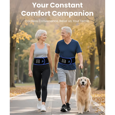 An elderly couple and a golden retriever walking on a tree-lined path, both wearing matching black and blue ThermoRed back belts. The image features promotional text at the top reading 'Your Constant Comfort Companion' and 'Cordless Convenience, Relief on Your Terms.