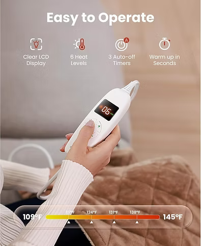 A person holds a white handheld remote control with a small digital display in a cozy indoor setting. The image includes marketing text reading 'Easy to Operate' and feature callouts such as clear LCD display, 6 heat levels, 3 auto-off timers, and warm-up in seconds.