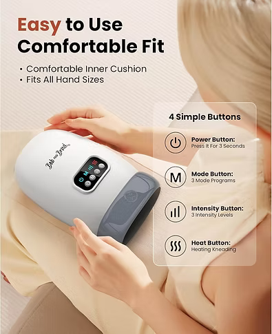 Hand massager with control buttons and text highlighting features, used by a person. Text includes: Easy to Use, Comfortable Fit. Comfortable Inner Cushion. Fits All Hand Sizes. 4 Simple Button: Power Botton: press it for 3 seconds, Mode Button: 3 mode programs; Intensity Button: 3 intensity levels, Heat Button: heating kneading. 