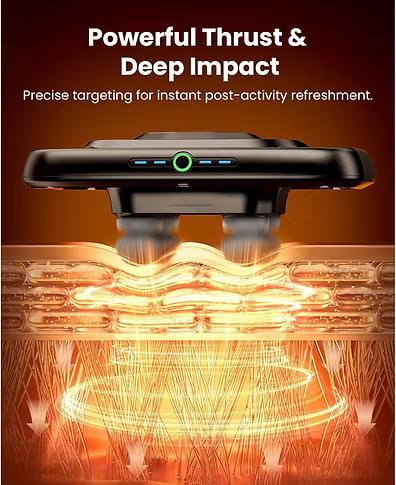 A black, 4-headed, handheld massage device with a green circular button and blue indicator lights, shown above an illustrated explanation of deep tissue and muscle layer massage. White text at the top reads 'Powerful Thrust & Deep Impact' and 'Precise targeting for instant post-activity refreshment.