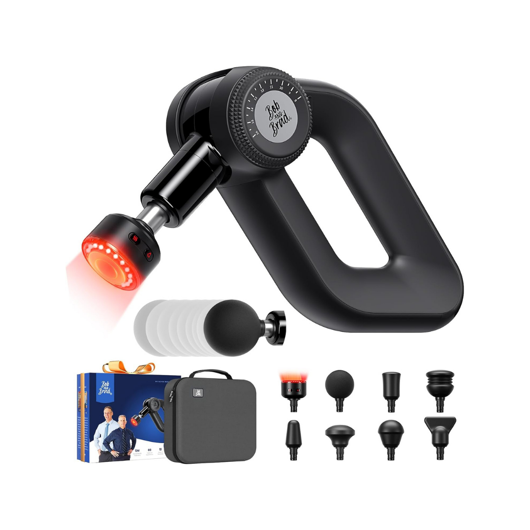 The D6 Ultra Max Massage Gun with adjustable amplitude, 8 head attachments, including the red light head, carrying case, and box featuring Bob and Brad 