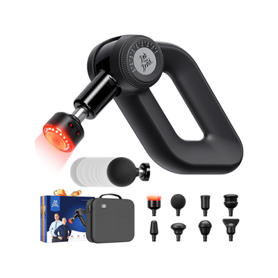 The D6 Ultra Max Massage Gun with adjustable amplitude, 8 head attachments, including the red light head, carrying case, and box featuring Bob and Brad 