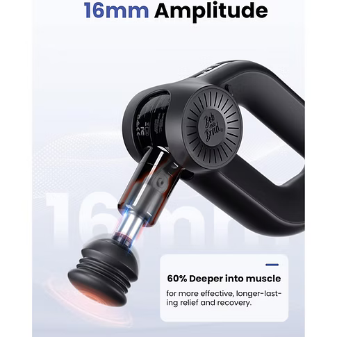 A handheld massage gun shown on a light blue and white promotional background with text reading '16mm Amplitude' and '60% Deeper into muscle for more effective, longer-lasting relief and recovery.' The product is black with a transparent chamber and small blue/red glow effects near the tip.