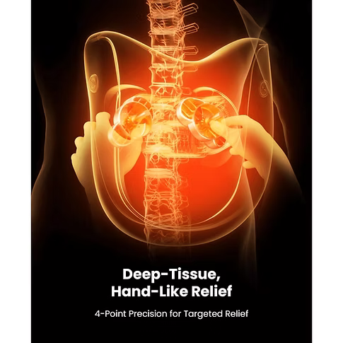 An informational graphic showing a glowing anatomical illustration of the spine with the Bob and Brad back massager fitting along it and text reading 'Deep-Tissue, Hand-Like Relief' and '4-Point Precision for Targeted Relief' on a black background.