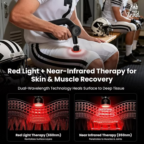 A football player in a locker room uses a handheld red light therapy massage gun on his thigh. The graphic includes text about red light (660nm) revitalizing surface layers and near-infrared therapy (850nm)  penetrates to muscles & joints, with two inset diagrams showing the light wavelengths. Text includes: Red-Light + Near-Infrared Therapy for Skin & Muscle Recovery; dual-wavelength technology heals from the surface to deep tissue. 