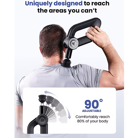 A man is shown from behind using a black adjustable massage tool on his neck, with marketing text at the top 'Uniquely designed to reach the areas you can't' and a feature callout at the bottom highlighting 90-degree adjustability, comfortably reaching 80% of your body. 