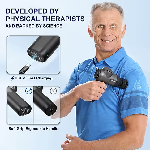 Brad, in a blue polo shirt, holds a black handheld massage gun. The image includes promotional text and inset diagrams showing USB-C fast charging and the soft-grip ergonomic handle. Developed by Physical Therapists and backed by science. 