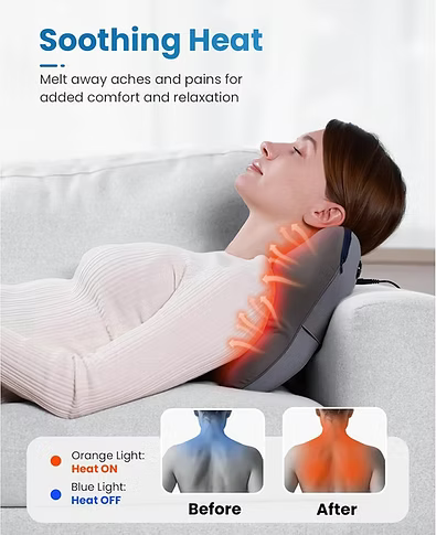 A woman reclines on a gray neck and shoulder massage pillow resting on a white sofa. The image includes marketing text reading 'Soothing Heat' and 'Melt away aches and pains for added comfort and relaxation,' and a small before/after diagram showing orange heat light on the neck versus blue light/ heat off on the body.