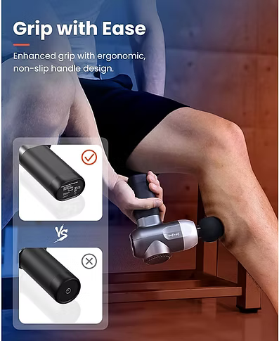 A person seated on a wooden bench using a handheld massage gun on their lower leg. The image includes marketing text reading 'Grip with Ease' and two inset product comparison graphics showing the massage gun handle.