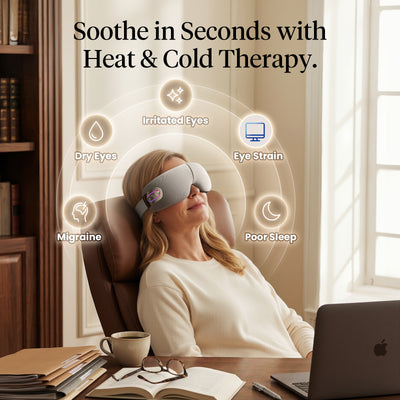 Woman using a heat-and-cold therapy eye massager in a home office setting, with text highlighting its benefits. Text includes: soothe in seconds with heat & cold therapy. Migraine, dry eyes, irritated eyes, eye strain, poor sleep. 