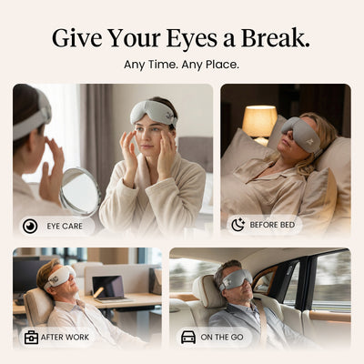 Collage of people wearing eye masks in various settings with text 'Give Your Eyes a Break. Any Time. Any Place.'