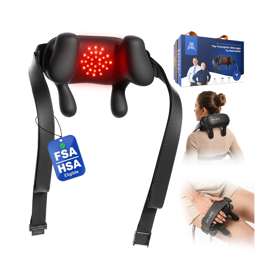 Neck and shoulder massager with red light, packaging, and a person using it on the shoulders and thigh.