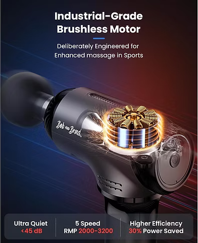 A dark gray and black massage gun with a glowing gold and orange cutaway showing internal motor components, set against a dark blue and red gradient background with promotional text. Text includes: Industrial-grade brushless motor. Deliberately engineered for enhanced massage in sports. Ultra-quiet (<45 dB), 5 Speeds (RPM 2000-3200), Higher efficiency (30% power saved). 