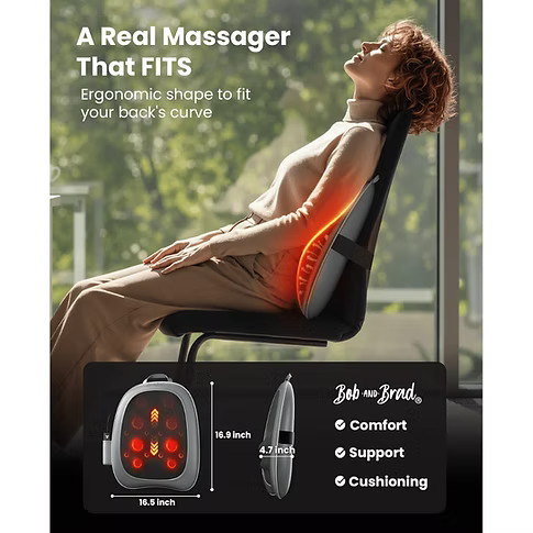 A promotional graphic for a Bob and Brad ergonomic lumbar massager. It features a woman reclining on a chair with the product highlighted on her lower back, alongside product dimensions (16.9 inches x 16.5 inches x 4.7 inches) and feature callouts (comfort, support, cushioning). A Real Massager That Fits. Ergonomic shape to fit your back's curve.  