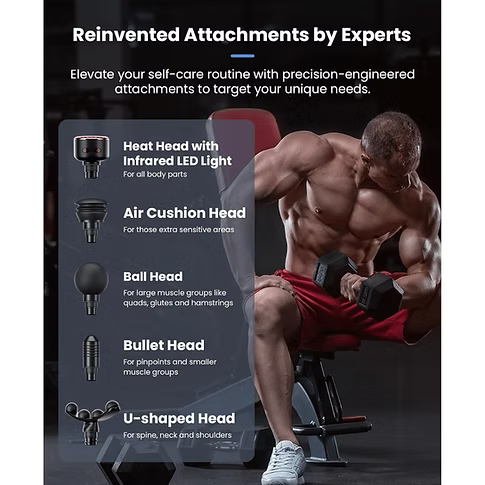 Promotional graphic for massage gun head attachments, showing a muscular man lifting a dumbbell on a bench while text on the left lists included head types: Heat Head with Infrared LED Light for all body parts, Air Cushion Head for those extra sensitive areas, Ball Head for large muscle groups like quads, glutes, and hamstrings, Bullet Head for pinpoints and smaller muscle groups, and U-shaped Head for spine, neck, and shoulders. Text includes: Reinvented Attachments by Experts