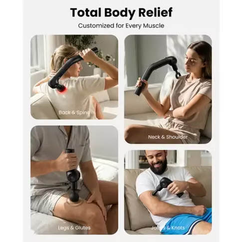 A collage for a long-handled handheld body massage tool showing four lifestyle panels with different people using the device on their back, neck & shoulders, legs & glutes, and joints & knots. The top text reads 'Total Body Relief' and 'Customized for Every Muscle.