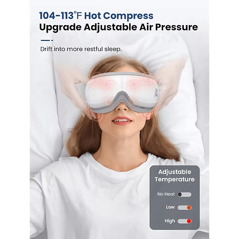 A woman is lying down wearing a white eye massager with a glowing heat overlay and text reading '104-113°F Hot Compress Upgrade Adjustable Air Pressure.' A small panel at bottom right shows temperature settings.