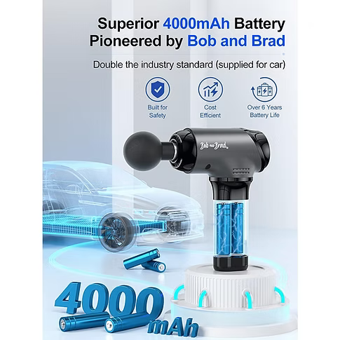 A massage gun with a 4000mAh battery and branding 'Bob and Brad' on a white background. Text includes: Superior 4000mAh Battery, pioneered by Bob and Brad. Double the industry standard (supplied for car). Built for safety. Cost-efficient. Over 6 years of battery life. 