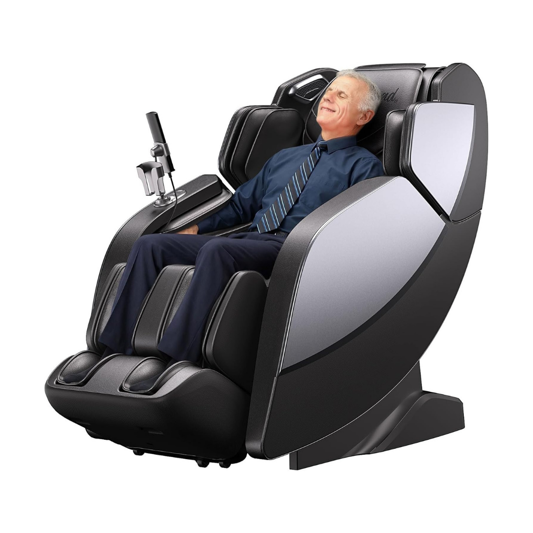 Brad is reclining in a modern black and silver massage chair against a plain white background.
