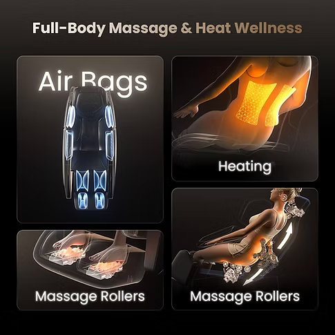 An image for a full-body massage chair and heat wellness product with air bags, heating, and massage rollers on feet, back, buttocks, and neck/shoulders.