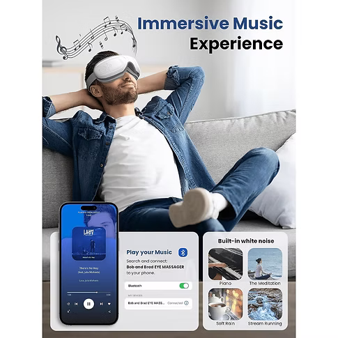 A promotional graphic for a Bob and Brad EYE MASSAGER. It features a man wearing a white eye massager and lying on a gray couch, with a smartphone showing the app interface in the foreground.