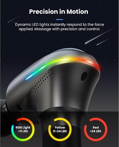 A black handheld massage device with a curved RGB LED light strip, shown against a dark starry background with marketing text and three circular force indicators labeled RGB Light <11 lbs, Yellow 11-24 lbs, and Red >24 lbs. Text reads: Precision in Motion: Dynamic LED lights instantly respond to the force applied. Massage with precision and control. 