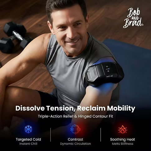 Man using a 3-in-1 compress device on his shoulder, with a blue glow coming from behind it. Text includes: Dissolve Tension, Reclaim Mobility. Triple-action relief& hinged contour fit. Targeted cold instant chill. Contrast dynamic circulation. Soothing heat melts stiffness. 