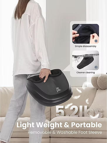 Person holding a black foot massager with text highlighting its features in a living room setting. Text includes: 5.2lbs Light weight & portable. Removable & washable foot sleeve. 