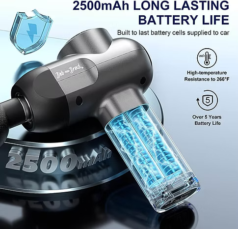 A Bob and Brad massage gun with an opaque handle and lit-up blue coils portraying the working battery. Text includes a 2500mAh long-lasting battery life: built-to-last battery cells supplied to cars. High- temperature resistance up to 266°F. Over 5 years of battery life. 