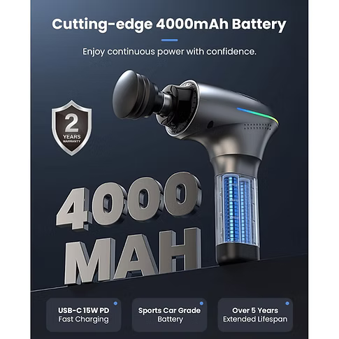 A promotional graphic for a 4000mAh massage gun battery, showing the product itself on a dark blue background with large '4000 MAH' text, feature callouts, and a '2-Year Warranty' badge. USB-C PD fast charging, sports car-grade battery, Over 5 years extended lifespan. 