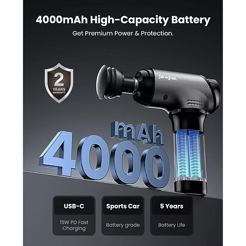 T2 massage gun with a 4000mAh battery displayed on a dark background. Text includes: 4000mAh High-Capacity Battery. Get premium power & protection. USB-C 15W PD Fast Charging, Sports car battery-grade, 5 year battery life. 