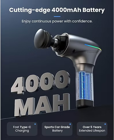 A promotional graphic for a cutting-edge 4000mAh battery massage gun. The image features a metallic silver and black handheld massage gun with a glowing blue battery indicator window, set against a dark blue background with bold text reading 'Cutting-edge 4000mAh Battery', '4000 MAH' and ' Fast type-C charging, sports car-grade battery, Over 5 years extended lifespan.'