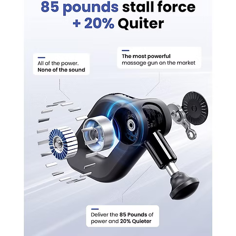 An infographic-style product graphic for the inner workings of a handheld massage gun. The product is shown in black and silver with blue glowing accents, alongside callout text claiming 85 pounds of stall force and 20% quieter performance. Text includes: All the power, none of the sound. The most powerful massage gun on the market. Delivers 85 pounds of power and 20% quieter. 