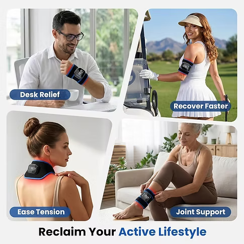 Collage of people using the TheraHeat Wrist Wrap for desk relief, recover faster, ease tension, and joint support with text 'Reclaim Your Active Lifestyle'.