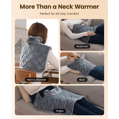 A promotional collage showing a gray quilted neck-and-shoulder weighted heating pad worn by a woman in multiple positions: from the back, across the abdomen, on the back, and across the thighs. The image includes text labels for each use area and the headline 'More Than a Neck Warmer' and 'Perfect for All-Day Comfort'.